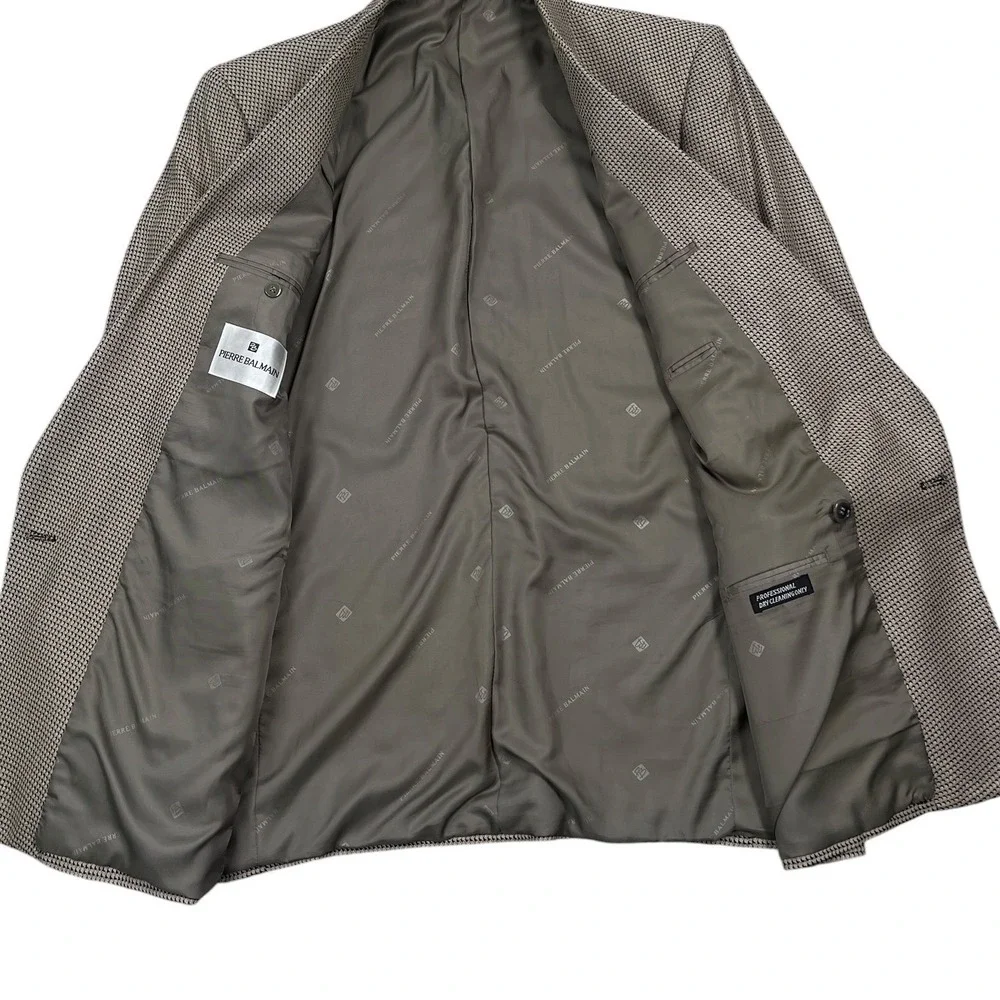 Pierre Balmain Blazer Men 44L Tan Taupe Weave Abstract Silk Wool Double Breasted